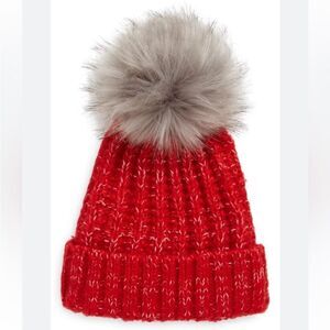Kyi Kyi Fox pompom Winter Hat Red Marled One Size Womens Fur NWT